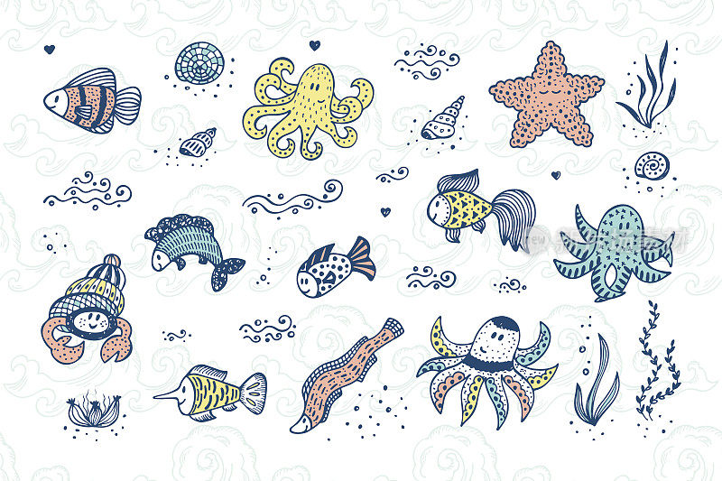 Hand Drawn Doodle Cute Sea Animals Set. Various Fish, Octopus, Crab, Starfish - Vector illustration